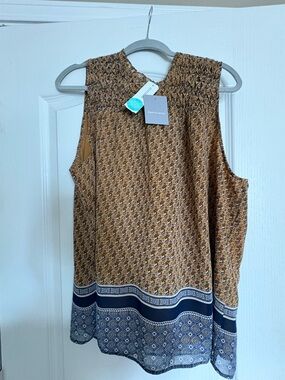 Daniel Rainn Mustard & Navy Smocked Neck Sleeveless Top